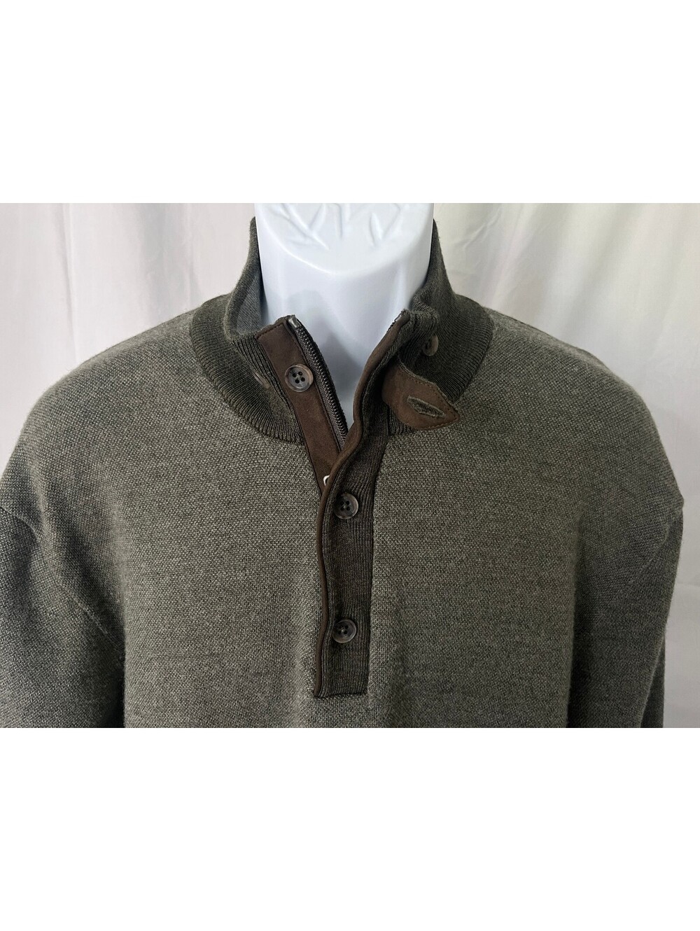 Orvis Men's Green w/ Brown Merino Wool Blend 1/4 Zip Pullover Sweater XL